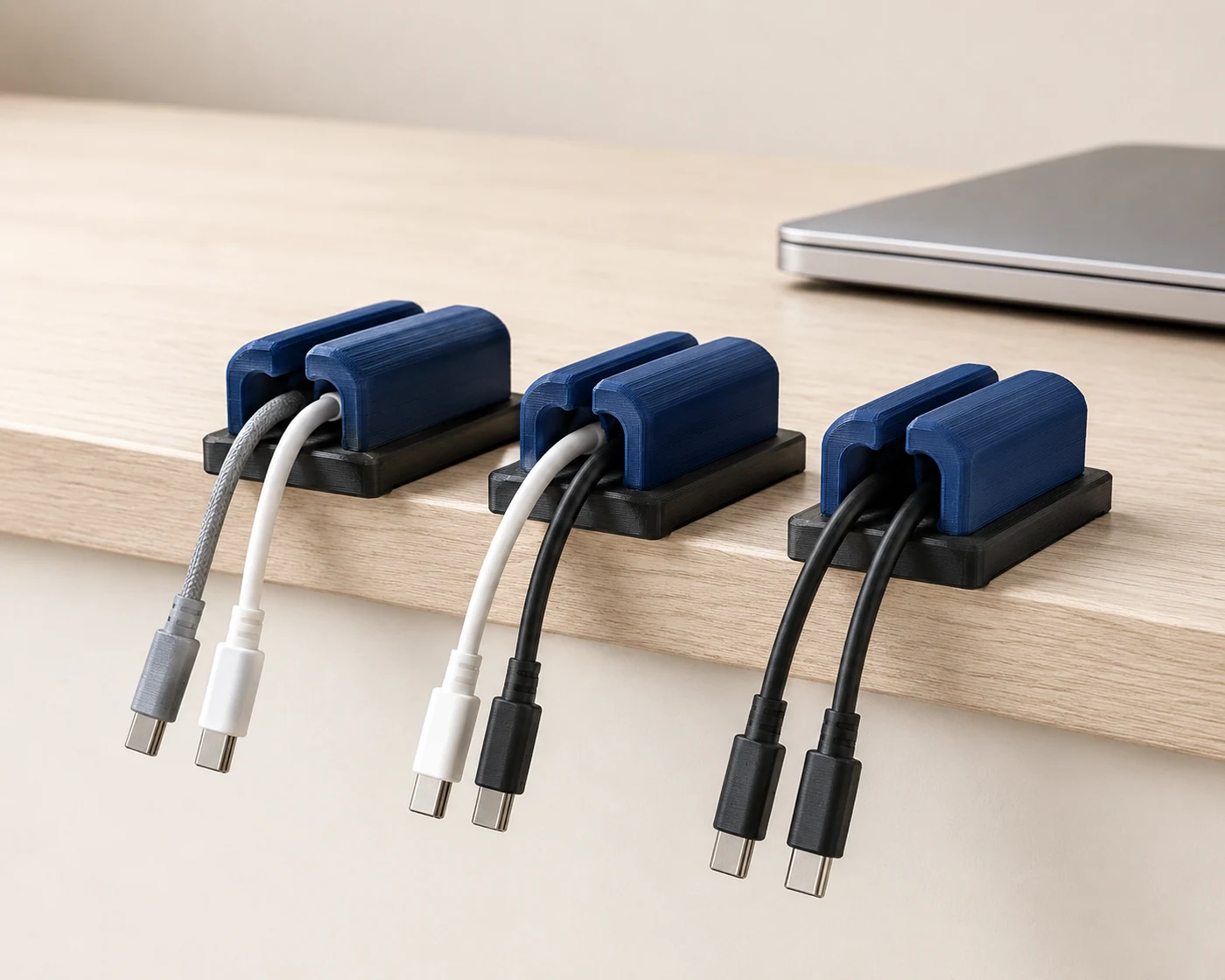 Concept render of blue desk cable organizers holding charging cables