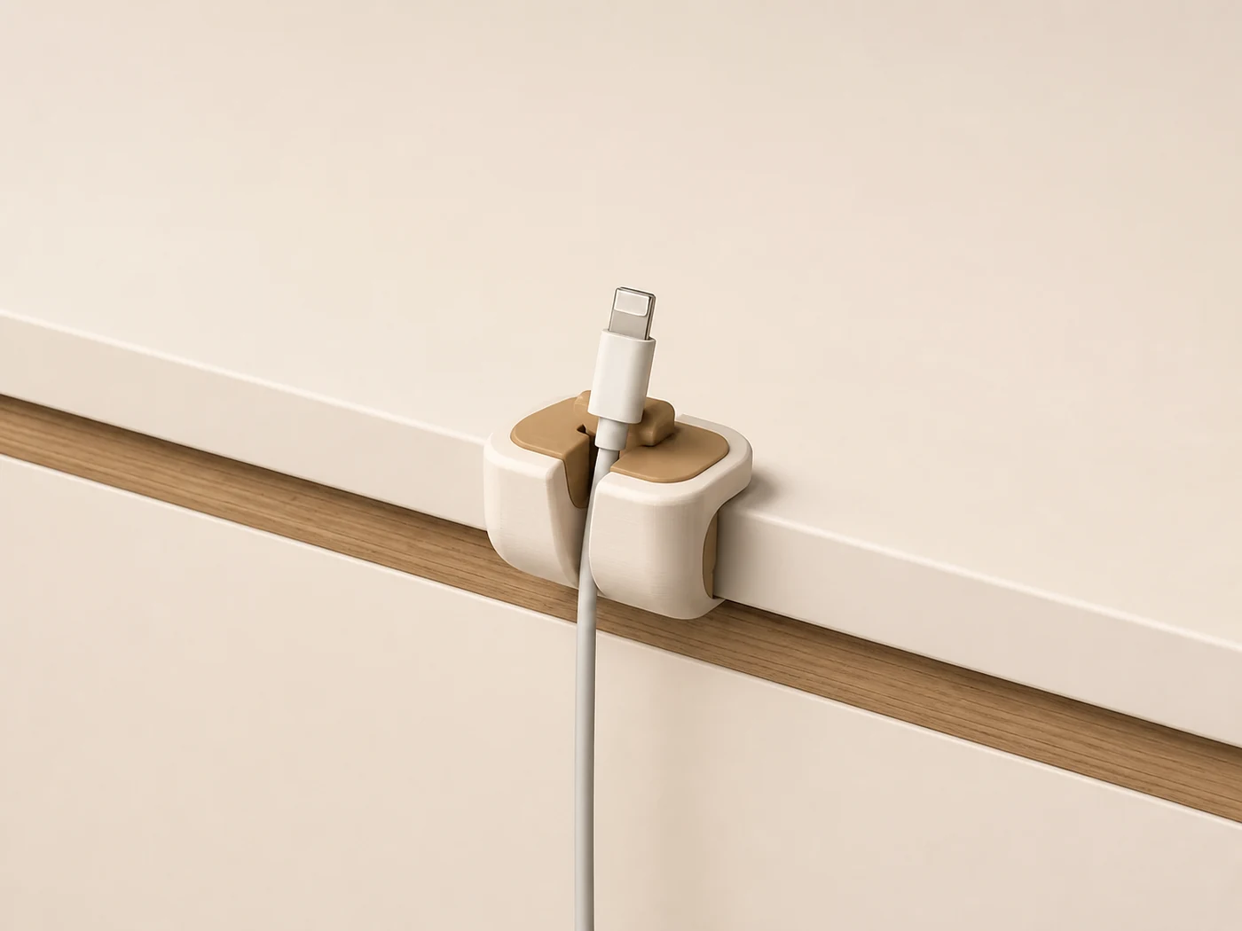 Concept render of a small furniture-mounted holder keeping a charging connector within reach