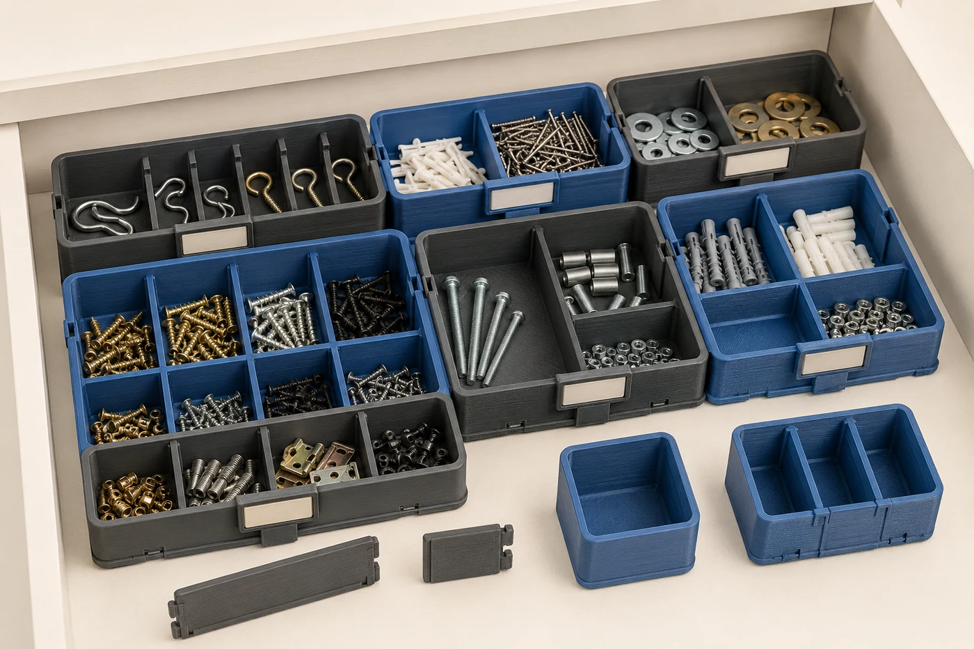 Concept render of blue and charcoal modular drawer organizers sorting small hardware
