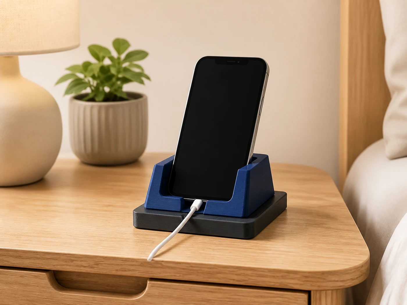 Concept render of a blue tabletop phone dock with charging access