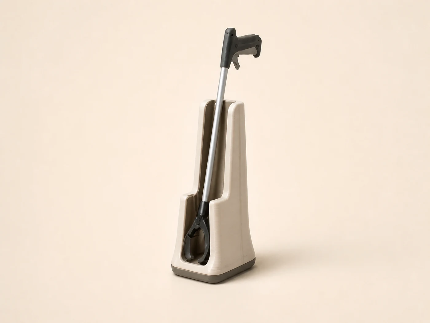 Concept render of a freestanding dock storing an existing grabber or reacher tool upright