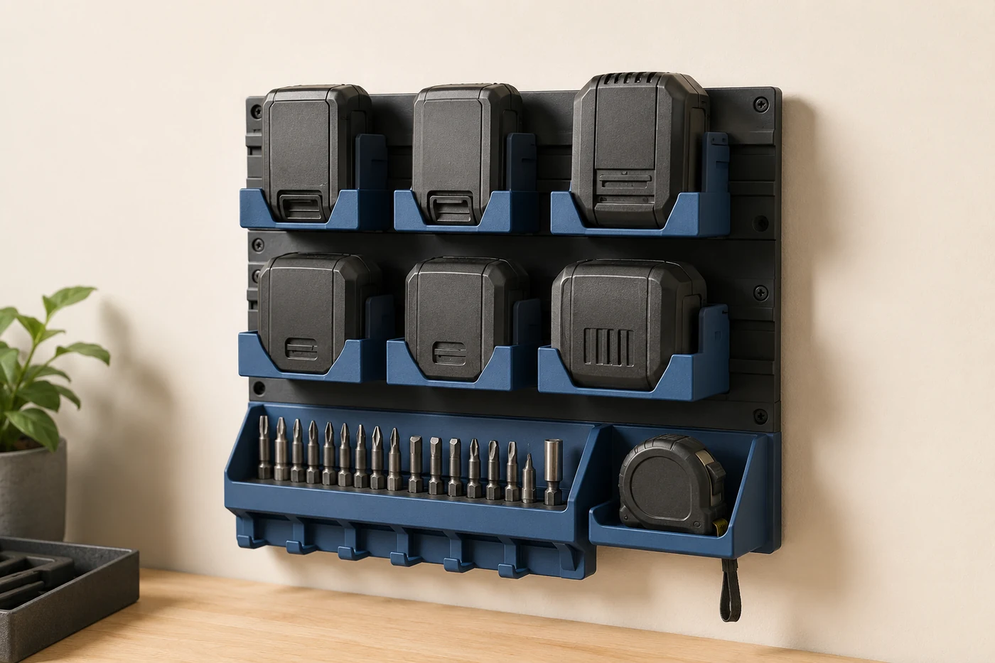 Concept render of a blue and charcoal wall-mounted workshop organizer holding tools and accessories